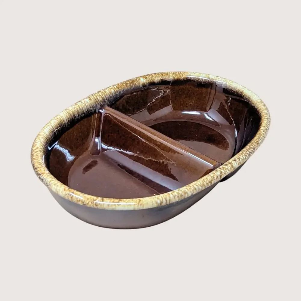 1970s Hull Pottery Brown Drip Divided Casserole Dish